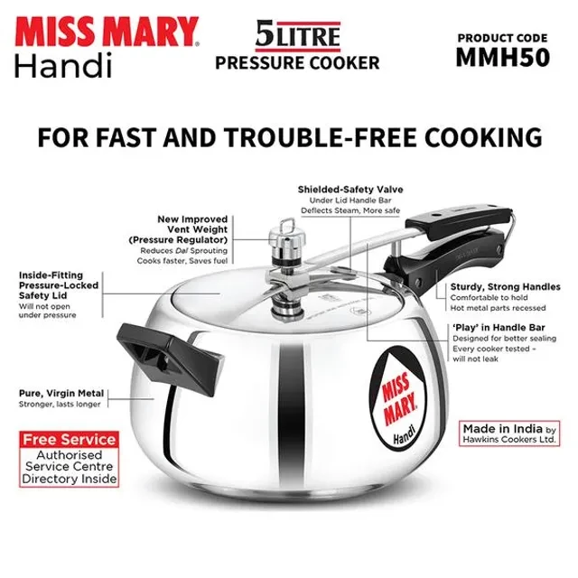 Hawkins Miss Mary Aluminium Inner Lid Handi Pressure Cooker - With Handle, Silver, MMH50, 5 l-5.webp